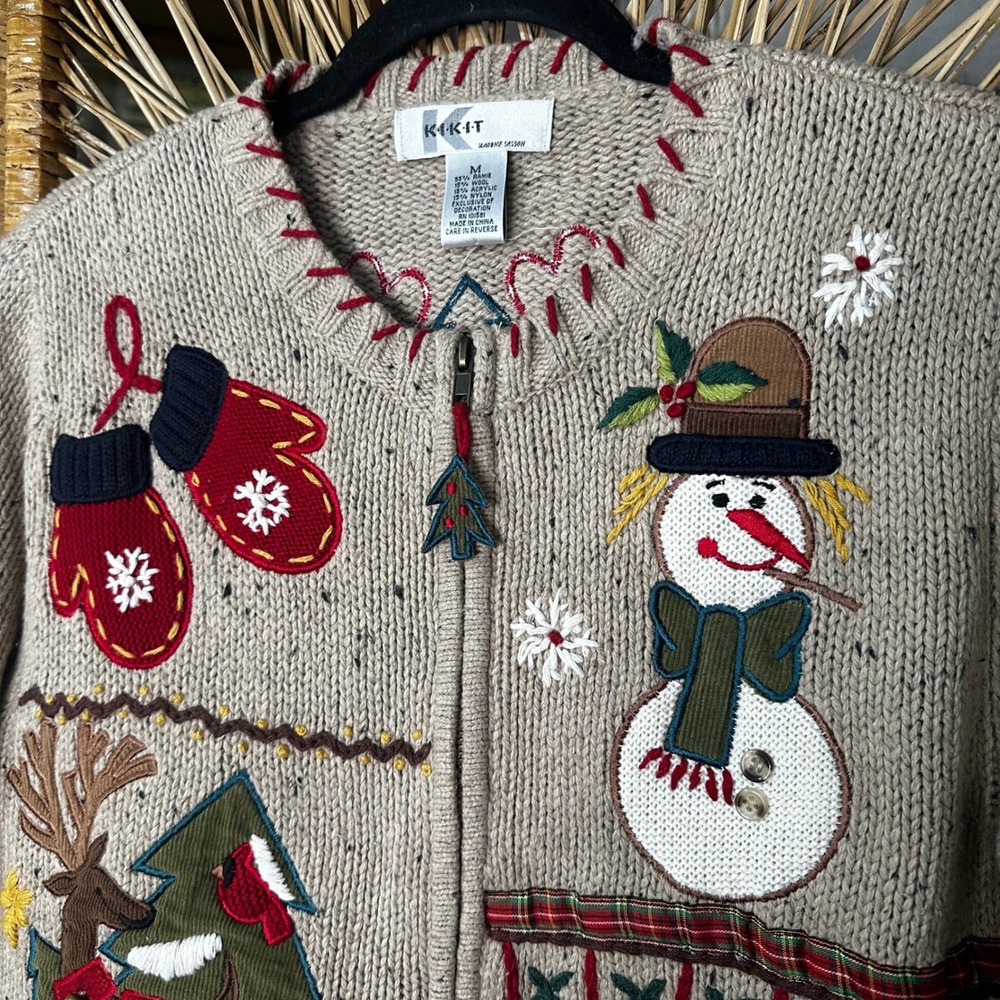 KIKIT Vintage Christmas Cardigan Zip Up Sweater Snowman‎ Reindeer Medium granny